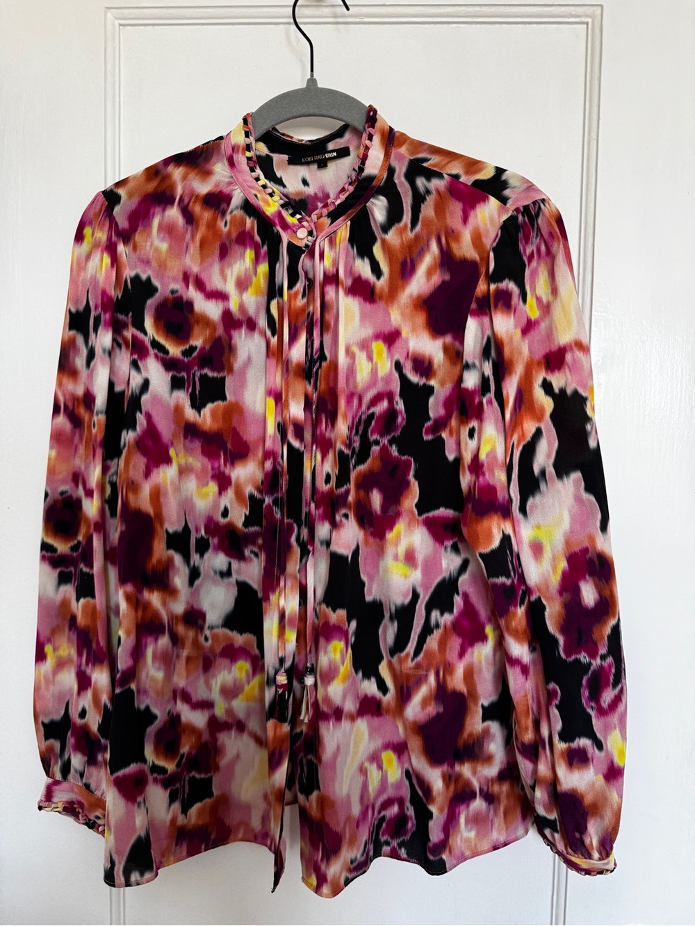 Kobi Halperin Multicolor Tie-Neck Blouse — Pink, Black & Yellow Accents